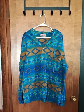 Vibrant Vintage Geometric Hooded Button-Up Sweatshirt - Teal & Mustard